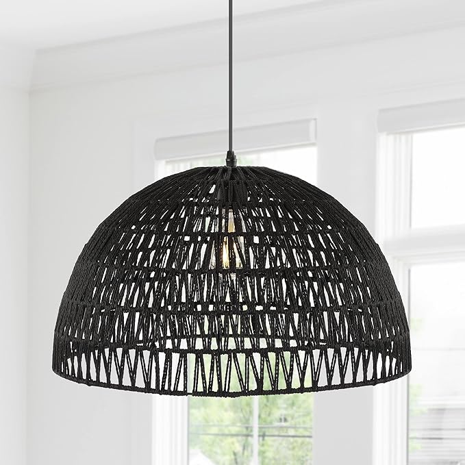 JONATHAN Y 20" Black Modern Bohemian Woven Rope LED Pendant Light Fixture, Adjustable Dome Ceiling Lamp for Kitchen Island, Rope Shade, Coastal Farmhouse Decor (JYL6504C)