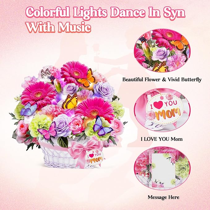 Mothers Day Card with Music & Lights, 3D Pop Up Mother's Day Cards, Gerbera Daisy & Butterfly, 10 Inch Forever Flower Bouquet Birthday Gift for Wife, Women, Mom