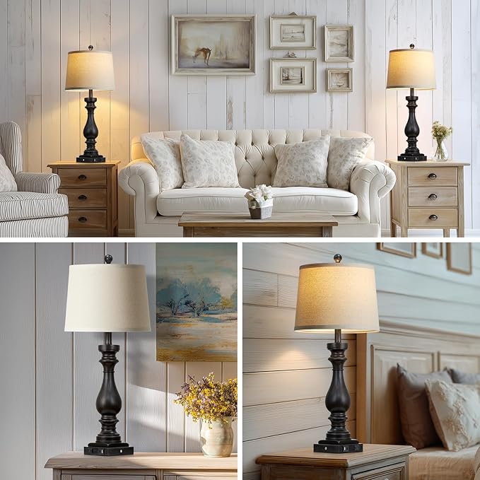 29" Tall Vintage Table Lamps Set of 2,Black Farmhouse Bedside Lamps with USB C+A Ports & AC Outlet,3-Way Dimmable Touch Lamp for Night Stands Living Room Bedroom,Black