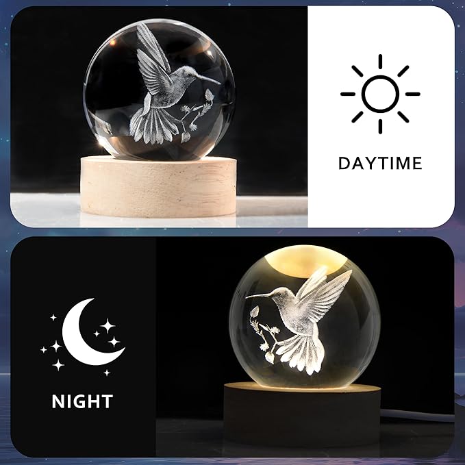 3D Laser Engraved Bird Crystal Ball with LED Stand, 60mm Hummingbird Figurine Lamp Night Light, Glass Hummingbird Globe Paperweight Gift