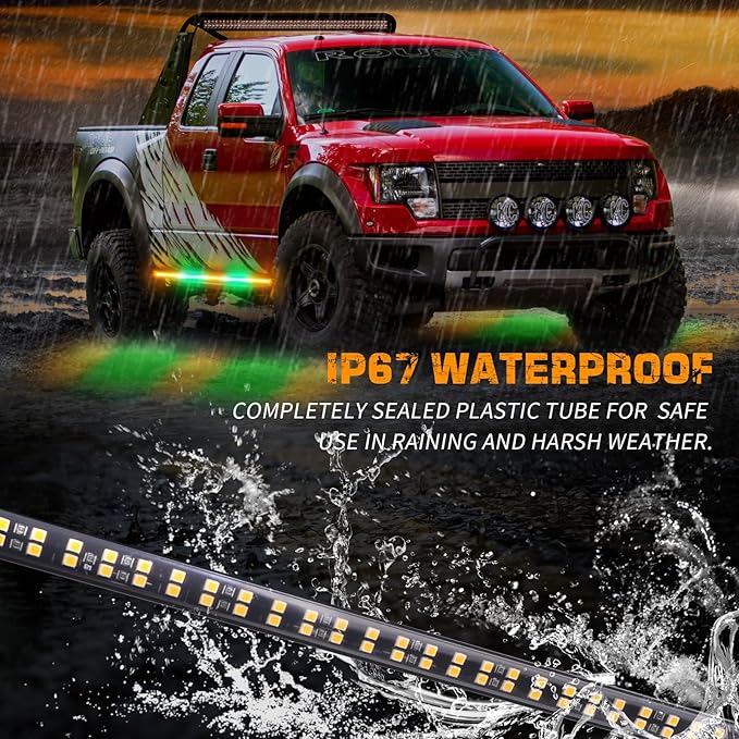 XRIDONSEN 2PCS 60 inch Amber Green Emergency Lights Strip 720 LED Running Board Strobe Lights Side Flashing Warning Safety Caution Lights for Tow Plow Trucks Construction Vehicles Pickup SUV Jeep