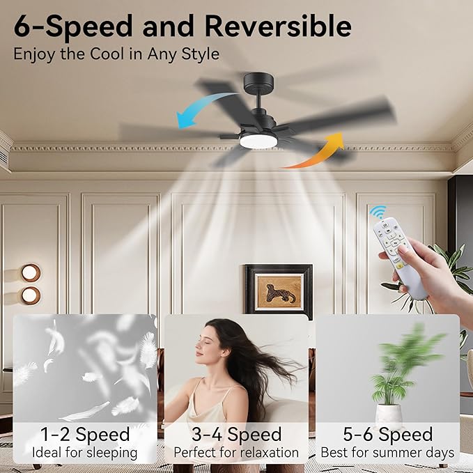 52 Inch Ceiling Fans with Lights,Smart Ceiling Fan with Light and Remote Control,Alexa,APP,WIFI,Black Indoor Outdoor Ceiling Fans for Bedroom,Patio,Porch,5 Blades,Dimmable LED,6 Speed,Quiet DC Motor