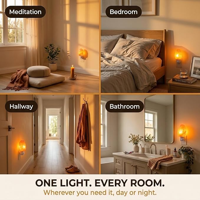 Himalayan Salt Night Light Plug In - Salt Rock Lamp for Bedroom, Bathroom & Hallway | 360 Rotating Plug | Warm Amber Glow | Calming Sleep Light | 2 Bulbs Included | Kids Safe UL Listed | Gift Ready
