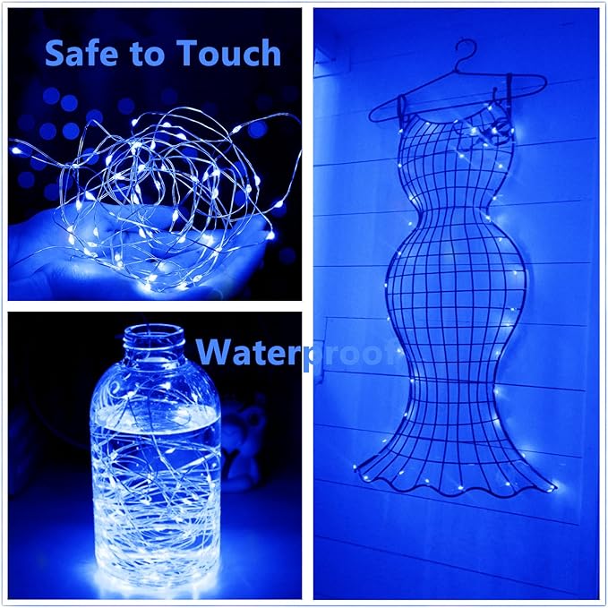 Blue Battery Operated LED String Lights 7Ft 20 LED Silver Copper Wire Fairy Ambiance Lighting for Home Bedroom Patio Camping Halloween Diwali Christmas Decoration-2Pack
