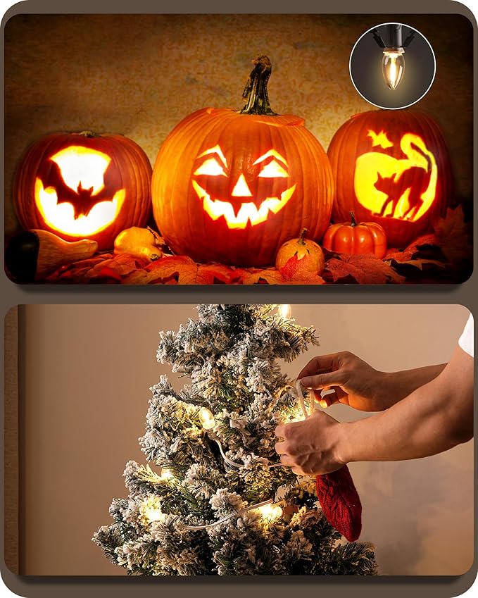 Christmas Village Lights, Decoration String Lights 10.5Ft with 4 C7 LED Bulbs, Warm White, with Male and Female Plugs, for Christmas Snow House,Pumpkin Crafts,Holiday Decoration W03VL05