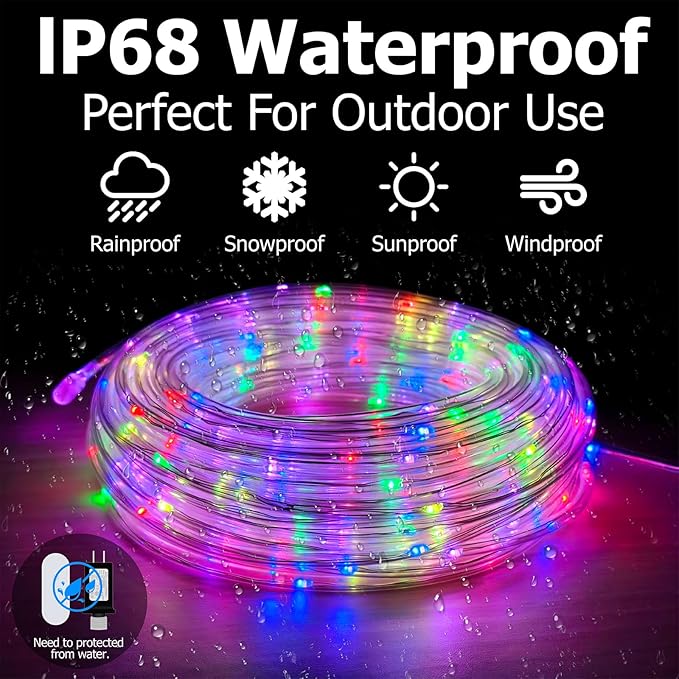 50ft IP68 Waterproof Rope Lights for Outside, RGB+WW Dimmable Outdoor Fairy String Lights with 2 Rmote, 25 Colors & 6 Dynamic Modes, Plug-in Twinkle LED Light Strip for Christmas Indoor Outdoor Decor