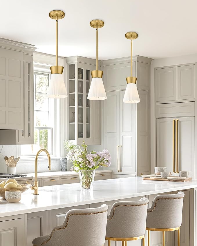 2 Packs Modern Pendant Light Fixtures, HWH Kitchen Island Lighting for Living Rooms, Dining Room, Hanging Light with Milk White Striped Glass, Gold Finish, 5HZG107MIL-2PK BG
