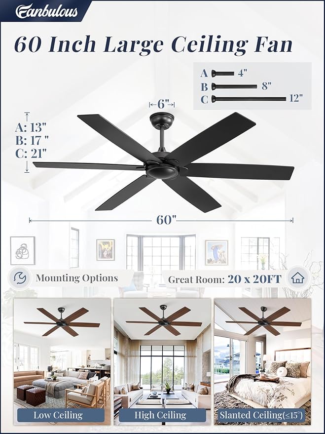 Fanbulous 60 inch Ceiling Fan No Light，Black Ceiling Fan with Remote, Flush Mount Low Profile, Quiet DC Motor & Reversible, Indoor/Outdoor Ceiling Fans without Light for Bedroom, Living Room, Patio