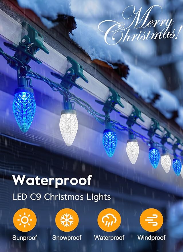 C9 LED Christmas Lights Outdoor, 99 Feet 150 LED String With 150 Spring Clips, Waterproof Connectable Christmas Tree Lights for Outside Roofline Patio Home Xmas Decor, Blue & Pure White