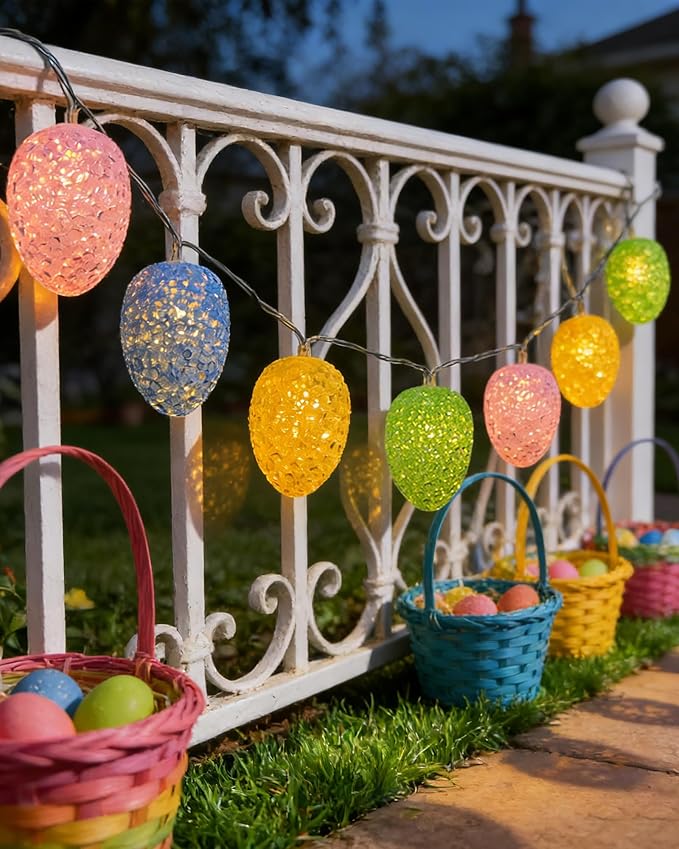Easter Egg Lights Battery Operated 6.8Ft Easter Lights String 10 LED Egg Shaped Light with Timer, 8 Mode Pastel Decorations Light for Indoor Bedroom Home Party Fireplace Spring Themed Decor