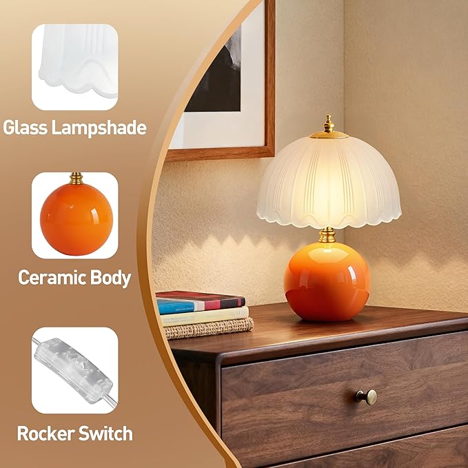 PARTPHONER Mushroom Table Lamp, Ceramic Bedside Lamp with Glass Shade, 3-Way Lighting (2700K-5000K) Rocker Switch, Small Nightstand Lamp for Bedroom, Living Room, Office, Orange
