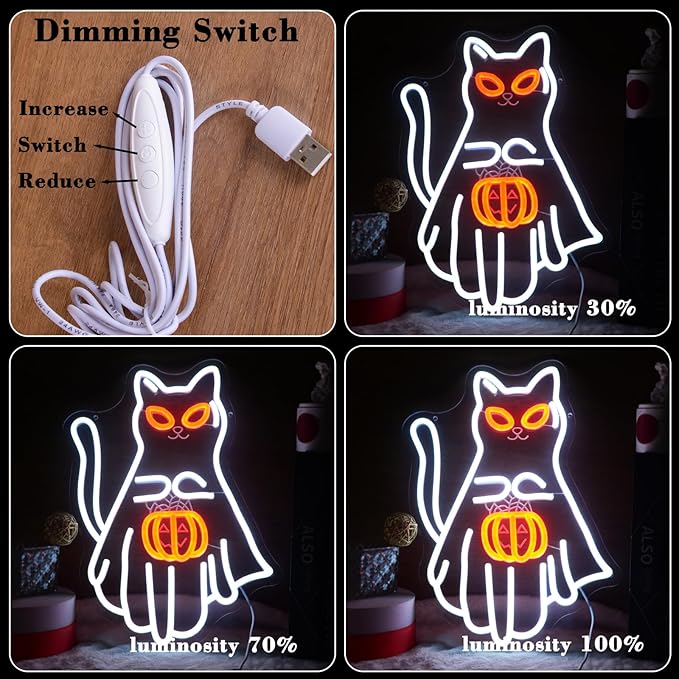 Cat Holding a Jack-o'-lantern Neon Light Sign Halloween Funny White Cat with Pumpkin Light for Trick-or-Treat Party Wall Decor All Saints' Day LED Light up
