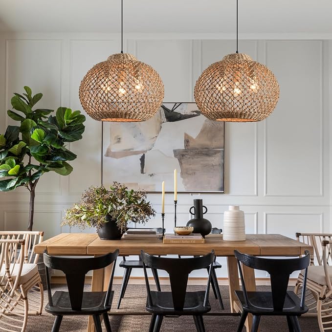 17" Rattan Pendant Light 3-Light Hand Woven Wicker Seagrass Hanging Light Boho Water Plants Rattan Chandelier for Dining Living Bedroom Kitchen Farmhouse