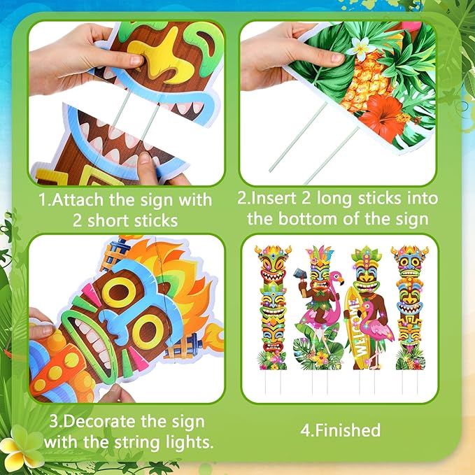 Bencailor 4 Pcs Hawaiian Outdoor Decorations Hawaiian Flamingo Yard Stake Signs with LED Light Large Tropical Beach Party Supplies Decor for Summer Outdoor Lawn Garden Stand Party Supplies