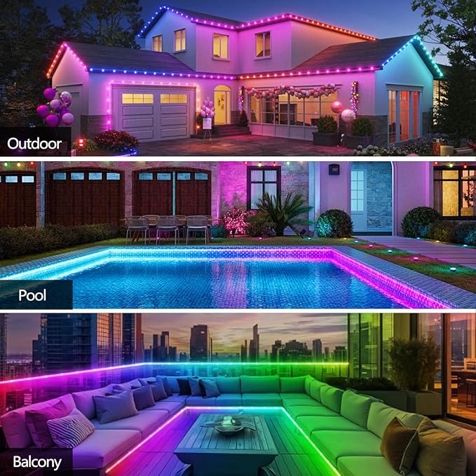 50FT Ws2812 RGB+IC LED Strip Lights IP68 Outdoor Waterproof, 5V USB Powered, Music Sync Bluetooth APP/RF Remote Control Lights for Balcony,Deck,Camping,Garden,Bedroom Decor