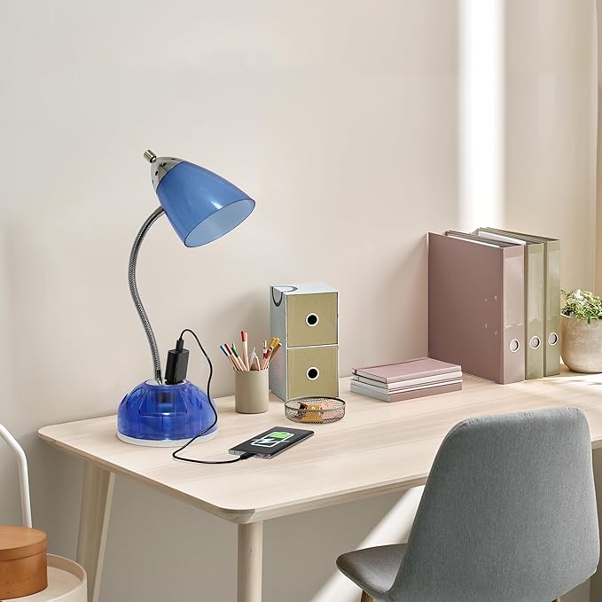 Simple Designs LD1015-CBL-LB 19.5" Flossy Organizer Desk Lamp with Charging Outlet Lazy Susan Base and LED Bulb, Blue