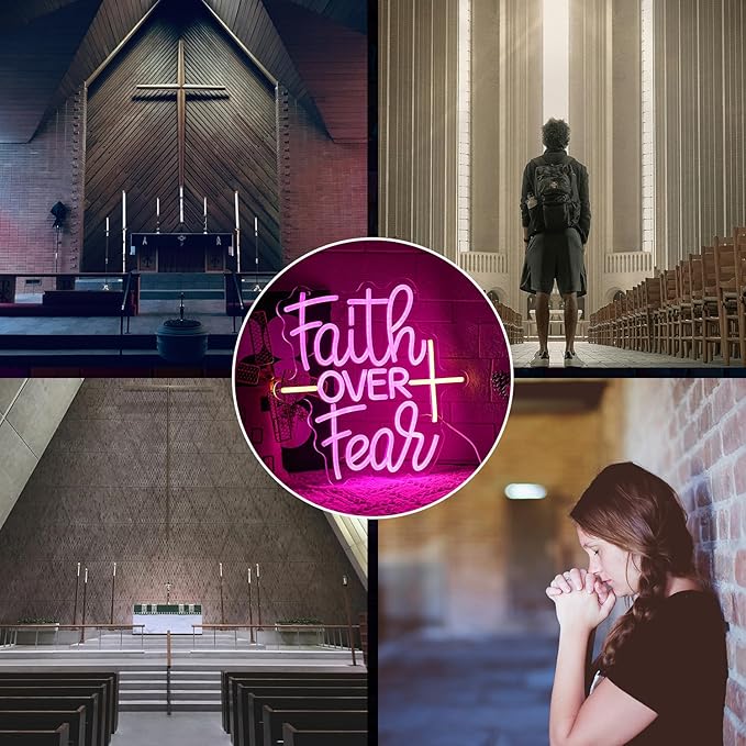 Faith Over Fear Neon Sign for Wall Decor Jesus Neon Light Warm White Cross Neon Light Sign Letter LED Neon Light for Christian Religious Motivation Bedroom Wedding Church Decor