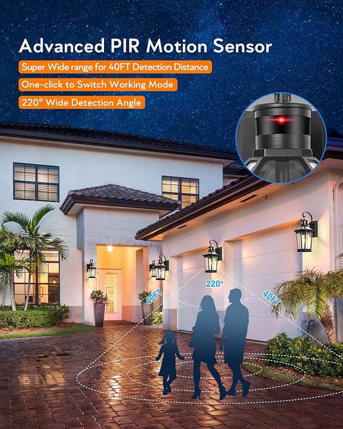 VIANIS Motion Sensor Outdoor Wall Lantern, Black Waterproof Dusk to Dawn LED Exterior Wall Sconce, Anti-Rust Aluminum Modern Outside Porch Light Wall Mount for House, Garage, Entryway 2 Pack