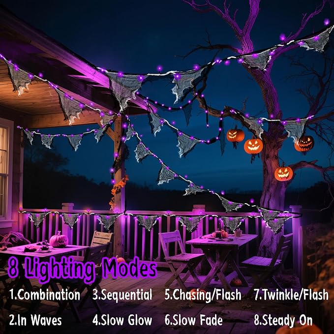 Halloween Lights Battery Operated or USB, Creepy Cloth String Lights with Timer Waterproof 9.8ft 30LED Purple String Lights Halloween Decortions for Fireplace Window Door Mirror