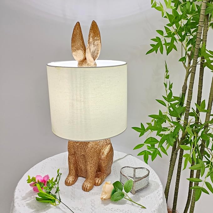 Bunny Table Lamp Golden Resin Rabbit Nightstand Light with Fabric Shade Bedside Table Light Living Room Decoration