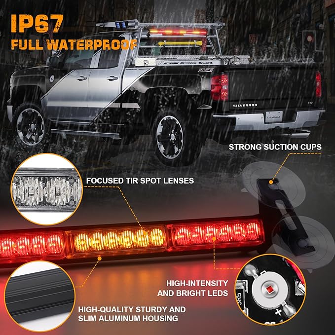 XRIDONSEN 35 inch Amber Red Traffic Advisor Light Bar 48 LED Emergency Strobe Lights Safety Warning Lights Front/Rear Window w/Display Controller for Firefighter Law Enforcement Vehicles Trucks