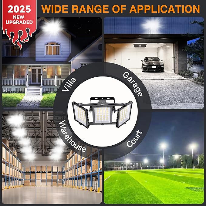 300W 2024 Plus New Upgraded LED Outdoor Flood Light, 30000LM 6000K Daylight White IP66 Waterproof, Stadium Lights, 3 Heads Adjustable Outdoor Floodlight Security Lights for Yards, Patios, Street