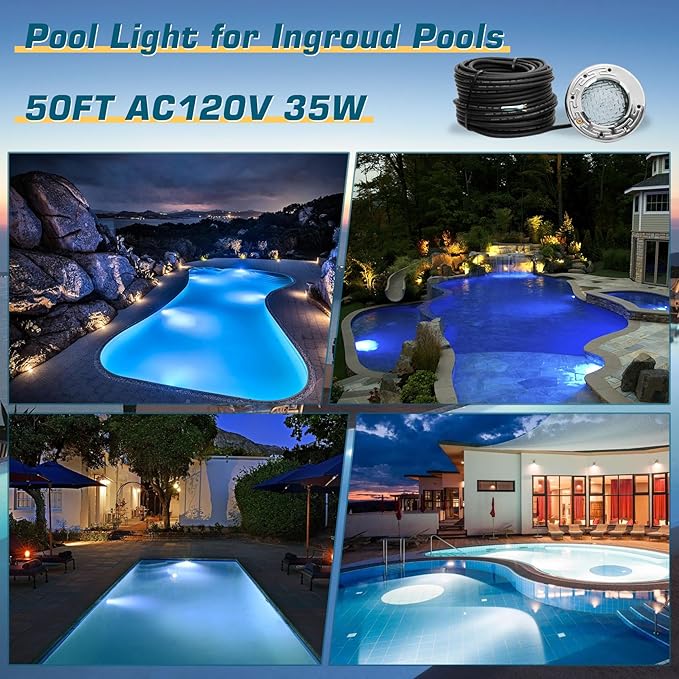 CAtArt 6 Inch Spa Light for Inground Pool Led, 50FT AC120V 6000K Cool White Pool Lights,Compatible with Pentair and Hayward Wet Niches, IP68 Waterproof, 50 FT Cord