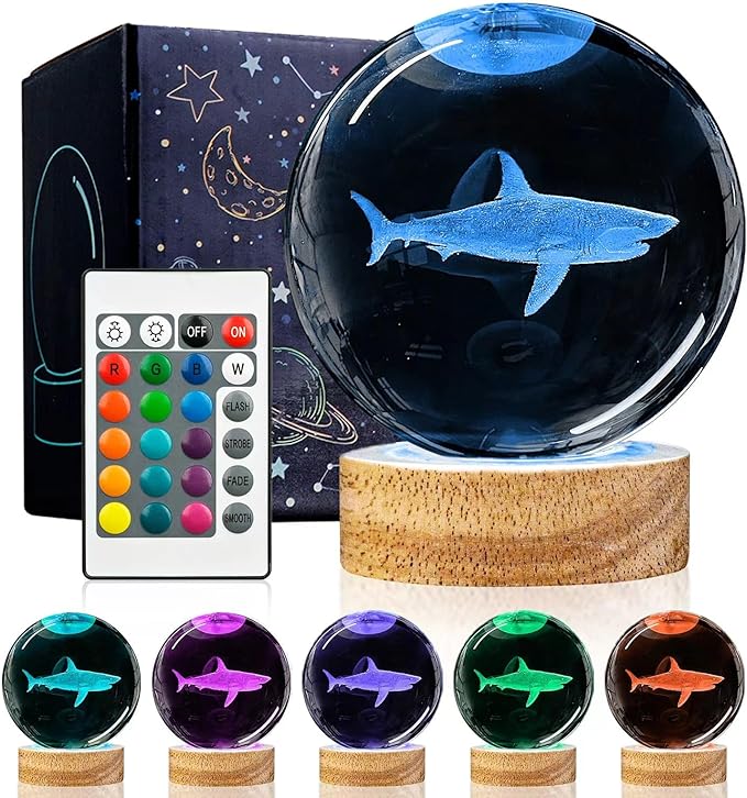 3D Shark Crystal Ball Night Light with Remote Upgraded 3.15 in Shark Glass Ball Table Lamps with 16 Color Led Wooden Base for Birthday Xmas Cool Shark Figurines Room Decor Gifts for Kids Teen