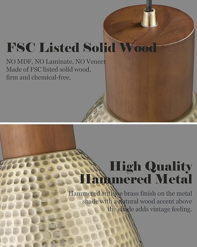 ELYONA Vintage Hammered Pendant Light Fixture, 7” Brushed Brass Metal Hanging Light Solid Wood Antique Gold Pendant Lamp for Kitchen Island, Farmhouse, Dining Room, Small, Adjustable Height