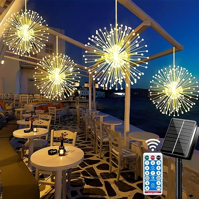 5 Pack Solar Firework Lights, 450 LED 8 Modes Dimmable Waterproof Hanging DIY Starburst Fairy Lights with Remote Timer for Garden Indoor Outdoor Decoration (Warm White, 450)