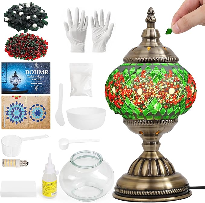 DIY Turkish Mosaic Lamp Kit, Stained Glass Table Lamp Making Kit- Easy and Fun, No Experience Needed, Mosaic Art & Craft Project Kits for Adults & Teens, Make Your Own Table Lamp, Green