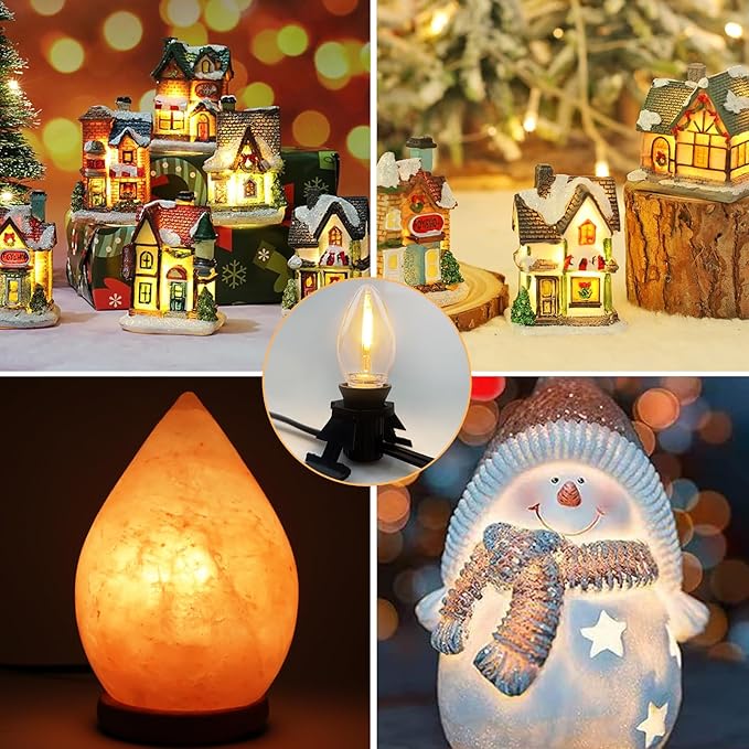 Accessory Cord with 3 LED Light Bulbs, 7.5FT Cord with On/Off Switch, C7 Socket Clip Lights for Halloween Pumpkin, Christmas Village House, Night Lights, Blow Mold, Holiday Ceramic Trees, Black