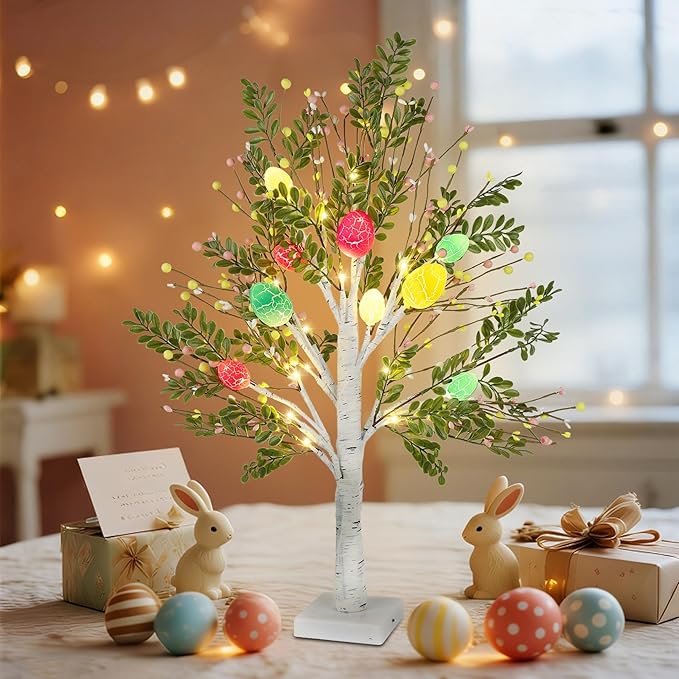 DR.DUDU 27 Inch Easter Decor for Home – 2 Pack Lighted Easter Trees, Light Up Birch Trees with Easter Egg, Tabletop Spring Decor for Mantel Indoor Office