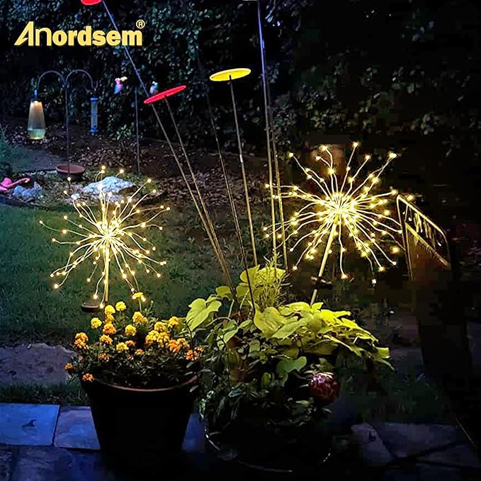 Anordsem Solar Garden Lights Outdoor: 120 LED Fairy Sparkler Firework Warm Lighting - Waterproof DIY Decoration Outside Yard Patio Flower Pot - Birthday Holiday Gifts for Women Grandma