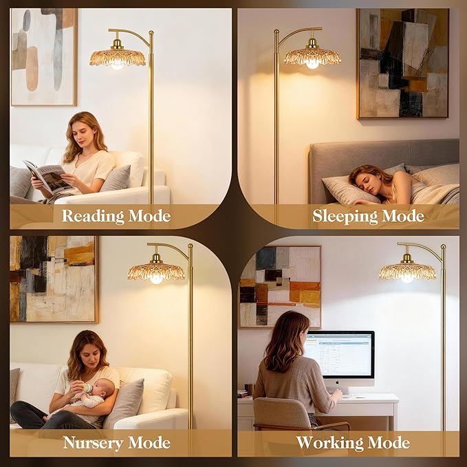 Gold Floor Lamp for Living Room, Dimmable Mid Century Modern Standing Lamp with Remote Control and Amber Glass Shade, 68" Tall Lamp for Bedroom, Vintage Retro Antique Glass Flower Lamp, Brushed Gold