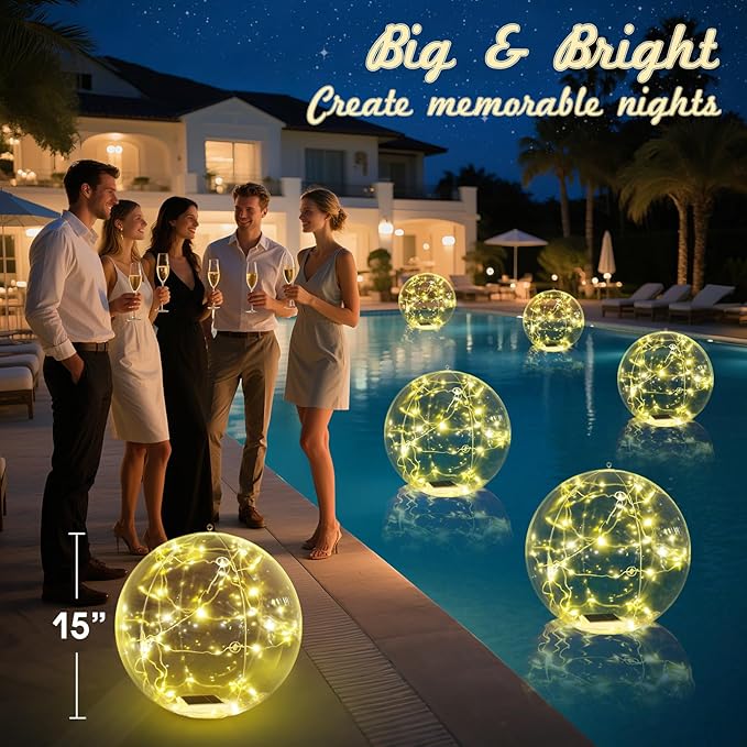 Askyli Floating Pool Lights, Warm White LED Solar Pool Lights That Float, IP68 Waterproof Light up Pool Balls, 15" Inflatable Floating Light for Pools Party Wedding Decor (2Piece)