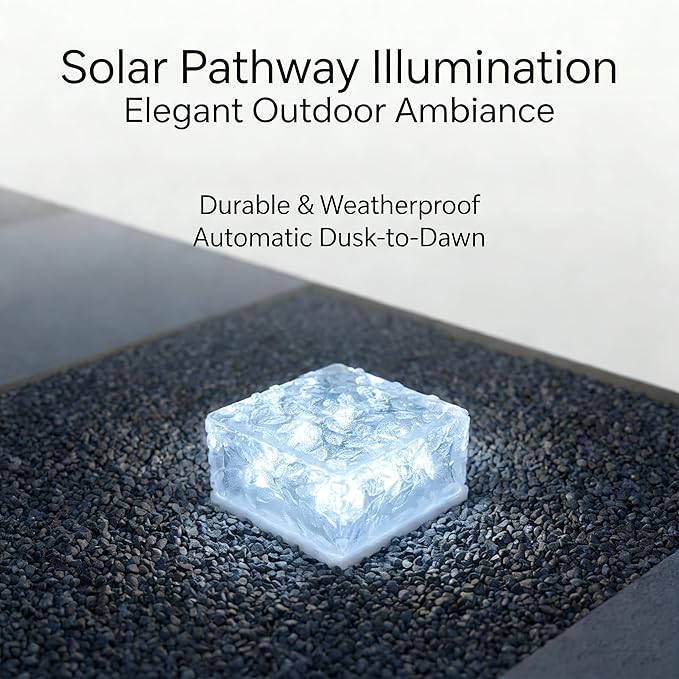 Solar Brick Lights Outdoor Waterproof - Recessed Solar Paver Lights, Ice Brick Design, No Wiring Needed,Landscape Lighting for Pathway,Garden, Patio, Yard, Driveway Decor (8, White, Square)