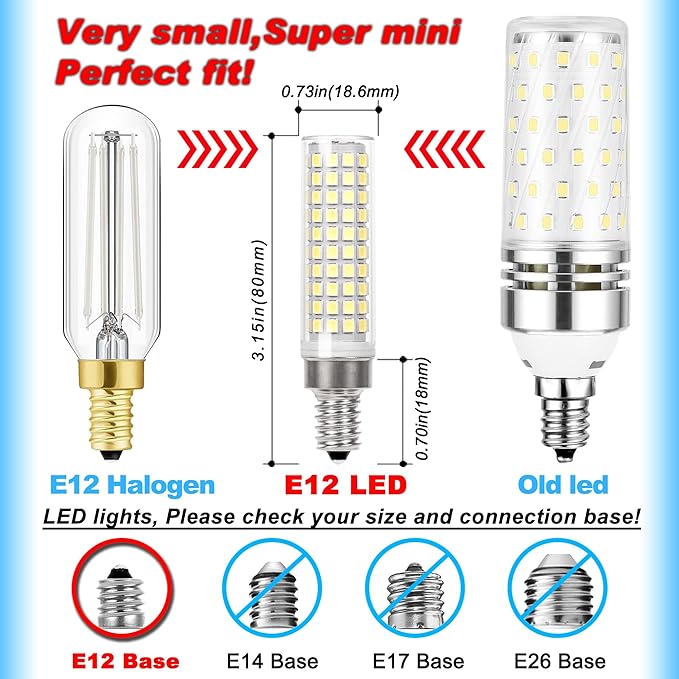 E12 100w LED Candelabra Bulbs Replacement C7,6000K Daylight Bright Cool White,1200 Lumen T6 E12 12W LED Candle Bulbs for Ceiling Fan Chandelier Pendant Lighting Salt Lamp,Non-dimmable,2 Pack