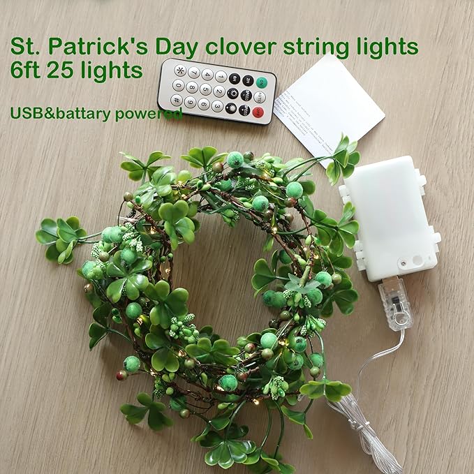 St Patricks Day Garland Shamrock String Lights for St Patricks Day Decorations Shamrock Lights Battery Operated with Remote