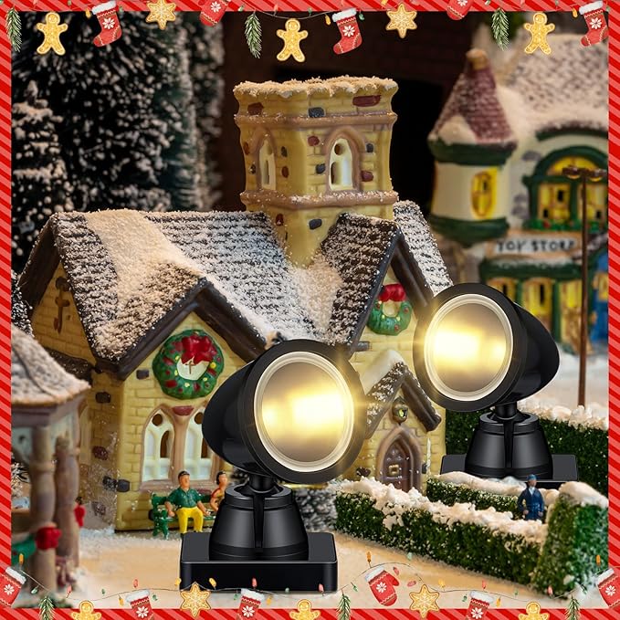 Kingdder 4 in 1 Accessories for Villages Building Light Christmas Village Collection Round Spotlights Battery Operated LED Light with Switch for Christmas Landscape(Warm White,4 Pcs)