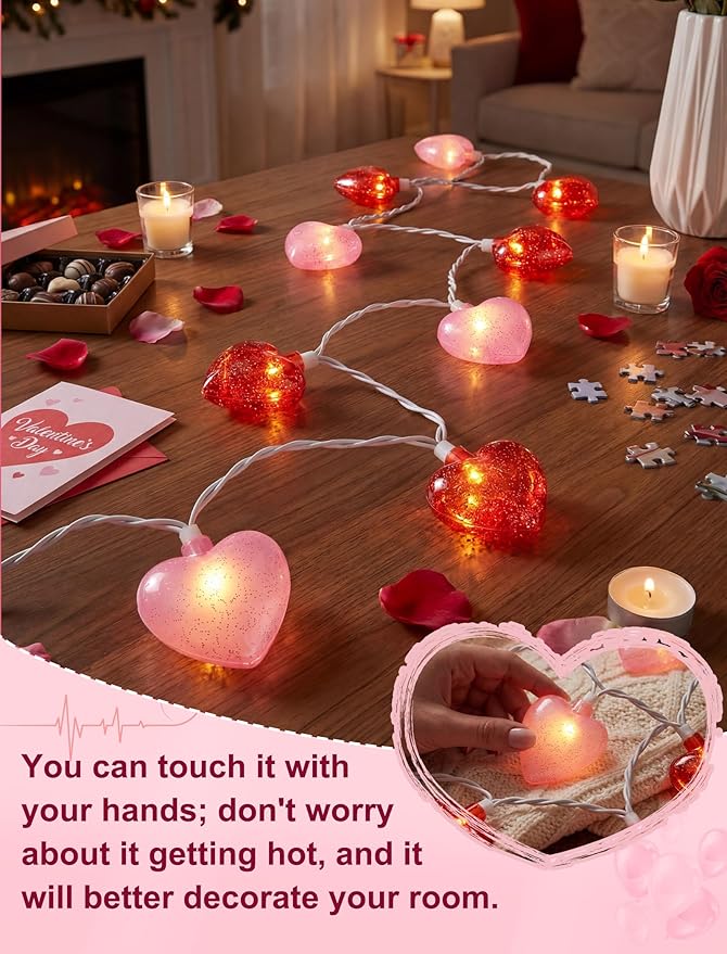 8.5Ft Red and Pink Heart String Lights,10 LED 3D Glitter Hearts Plug in Fairy Heart Shape Lights,Connectable Valentine's Day Decorations for Bedroom,Window,Wedding,Anniversary,Indoor Outdoor