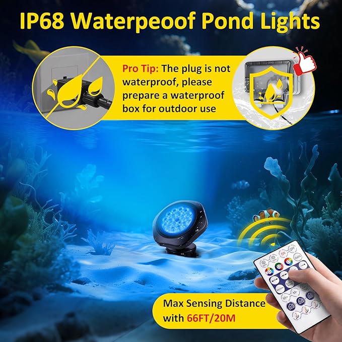 T-SUN Pond Lights LED Underwater – IP68 Waterproof Bluetooth App & Remote Submersible Fountain Lights with 16 Million Colors Dimmable Timer for Outdoor Koi Pond Garden Waterfall Aquarium(Set of 8)