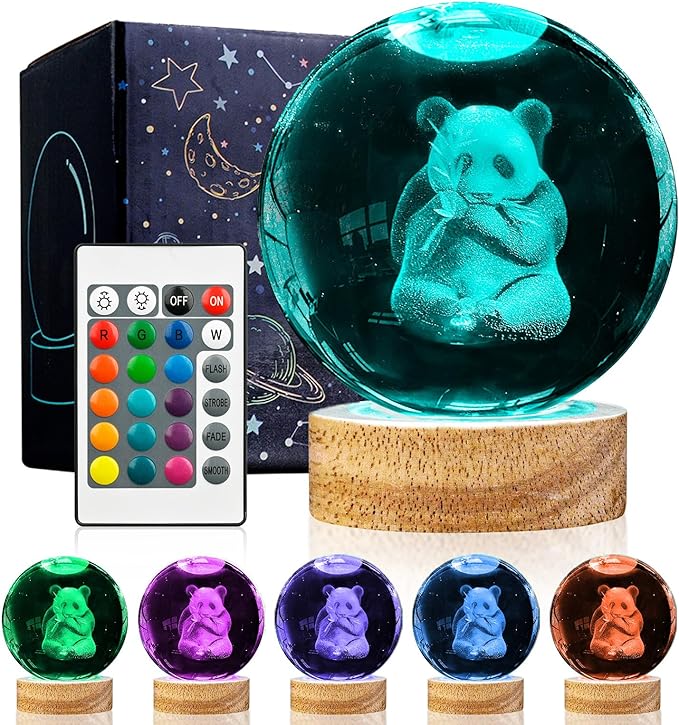 3D Panda Crystal Ball Night Light with 16 Color LED Wooden Base 3.15 Inch Glass Ball Lamps with Remote for Birthday Christmas Cute Panda Gifts for Lovers Boys Girls Friend (Upgraded)