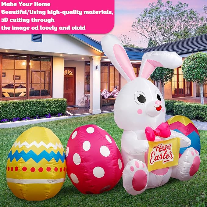 6FT Easter Inflatables Outdoor Decorations, Inflatable Bunny and Colorful Eggs Build-in 5 LEDs, Happy Easter Blow Up Yard Decorations for Home Holiday Party Outdoor Lawn Garden