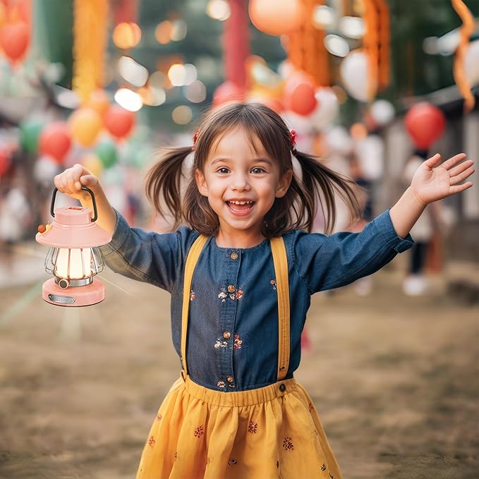 HOMY Pink Retro Kids Camping Lantern, 3-Color Dimmable Portable LED Night Light with Handle, Vintage Decorative Lamp for Toddlers, Gift for Tent, Backyard & Indoor Play