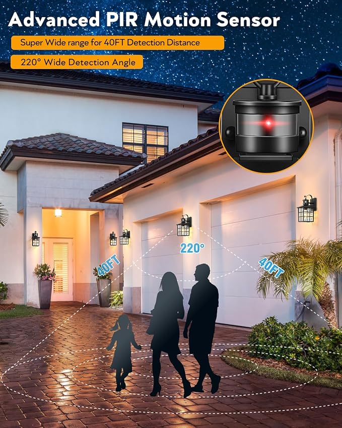 VIANIS 2 Pack Black Motion Sensor Porch Lights Outdoor, Modern Exterior Lighting Fixtures Wall Mount for House, 100% Aluminum Anti-Rust Waterproof Outdoor Wall Sconce for Garage, Front Door, Patio