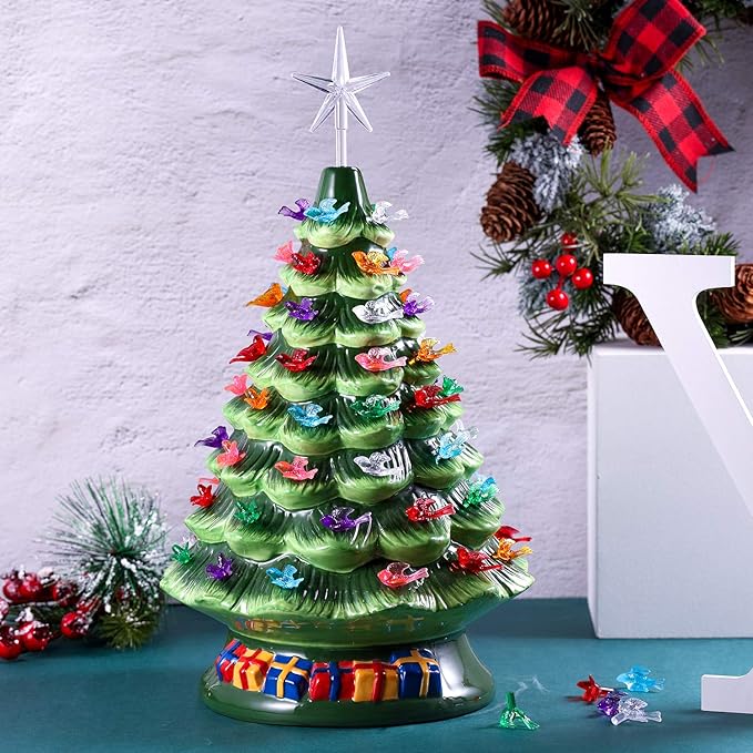 Mudder 100 Pieces Ceramic Christmas Tree Bird Bulbs and 5 Pieces Stars Replacement Plastic Bulbs for Ceramic Christmas Tree Decorations(Chic Colors)