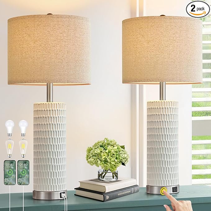 26.5" White Lamps for Bedroom Set of 2, Modern Table Lamps for Living Room with USB C+A Ports, Touch Lamps for Nightstand, Oatmeal Shade