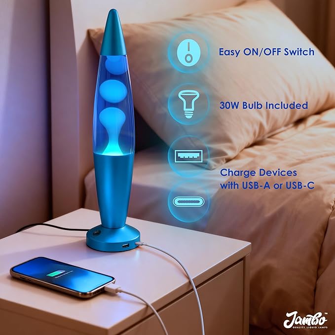 JAMBO Beautiful Liquid Lamp with USB Ports,16" Motion Light with Blue Liquid White Wax, Relaxing Nightlight, Mood Light for Bedroom, Living Room, Office - Adults, Teens, Kids