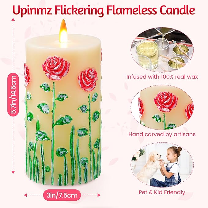 Red Rose Embossed Flameless Candle with Flickering Flame - Battery Powered Candle with Remote Timer - Real Wax - Unscented - Home - Holiday Decoration (3" x 6 ")